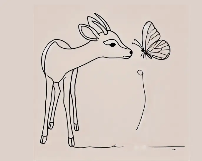 An antelope sniffing a butterfly drawing
