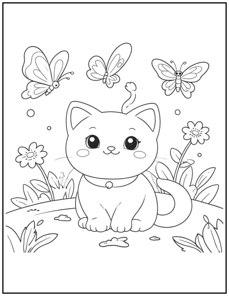 A curious cat surrounded by butterflies and blooms
