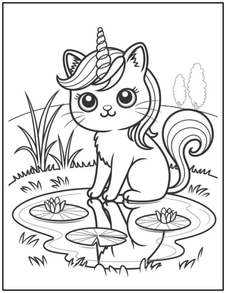 Unicorn cat resting by the pond