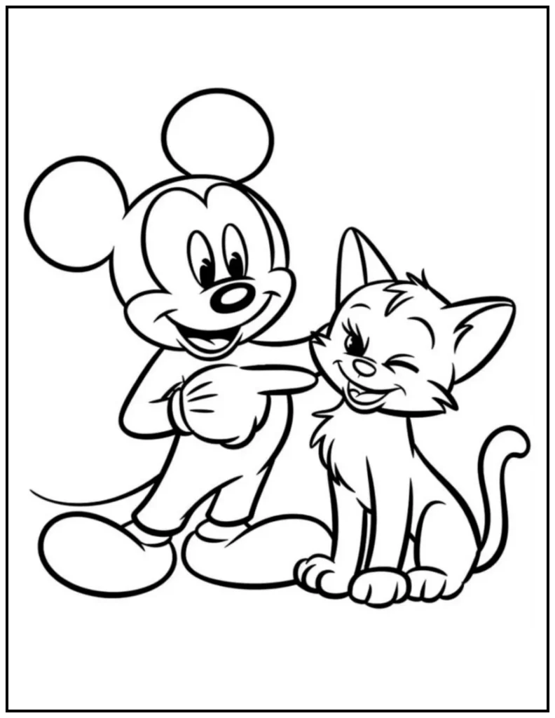 Mickey Mouse with happy cat coloring page