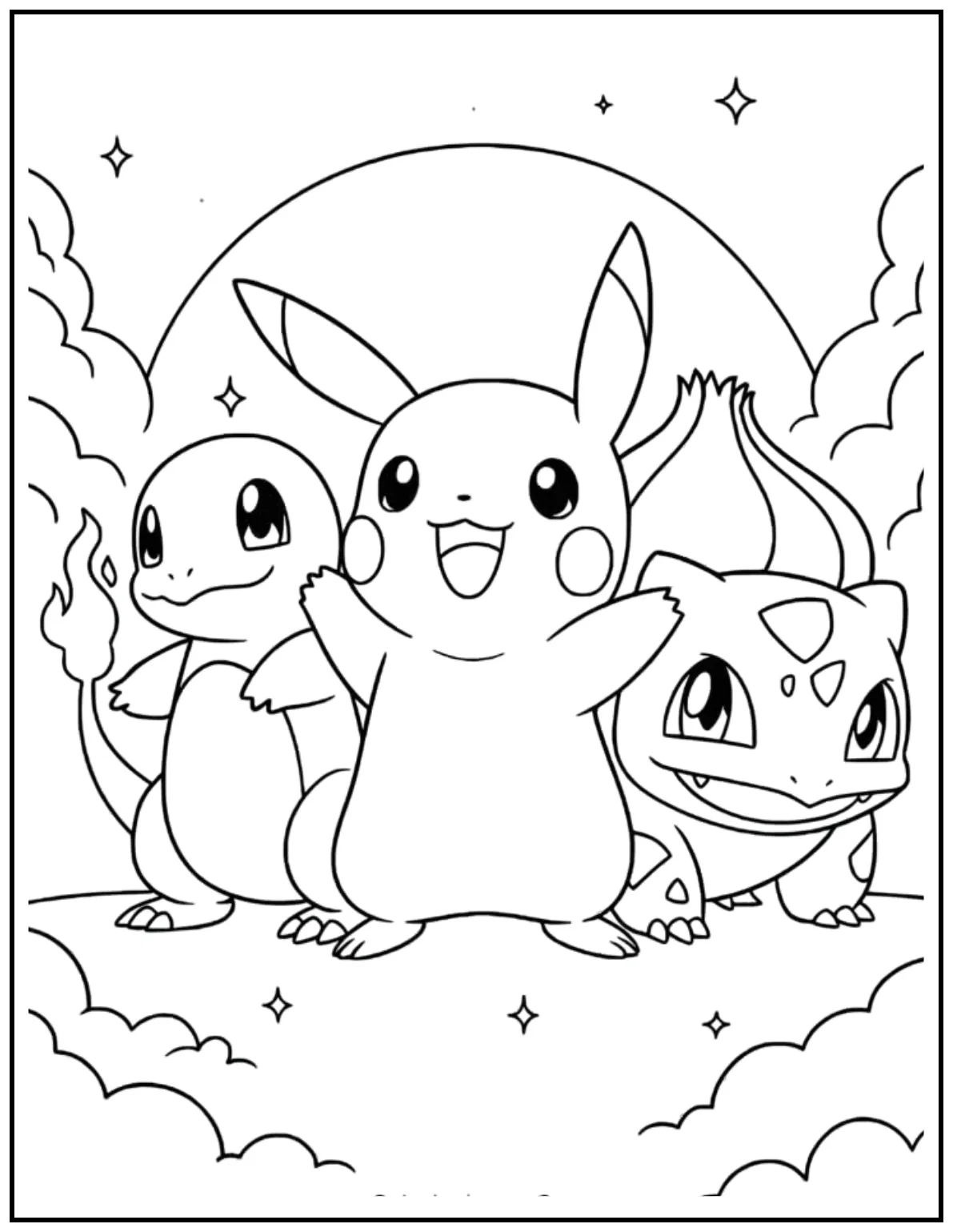 Pikachu, Charmander, and Bulbasaur stand proudly on a cloud-filled