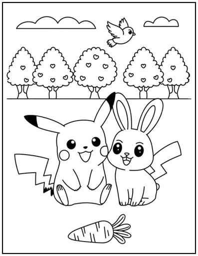 Pikachu and a bunny in a peaceful garden