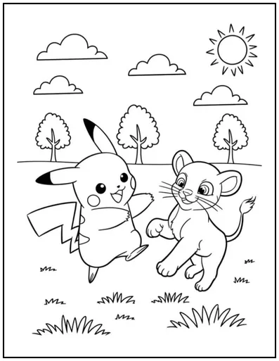 Pikachu and a playful lion cub
