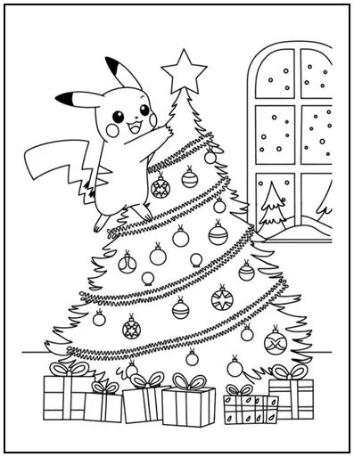 Pikachu is decorating the Christmas tree,