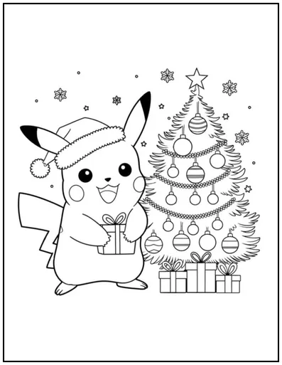 Pikachu standing by a beautifully decorated Christmas tree