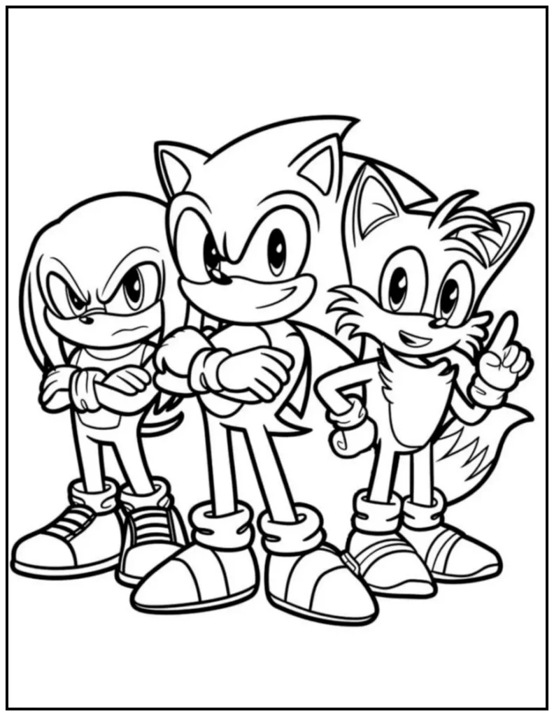 Sonic, Tails, and Knuckles trio coloring page