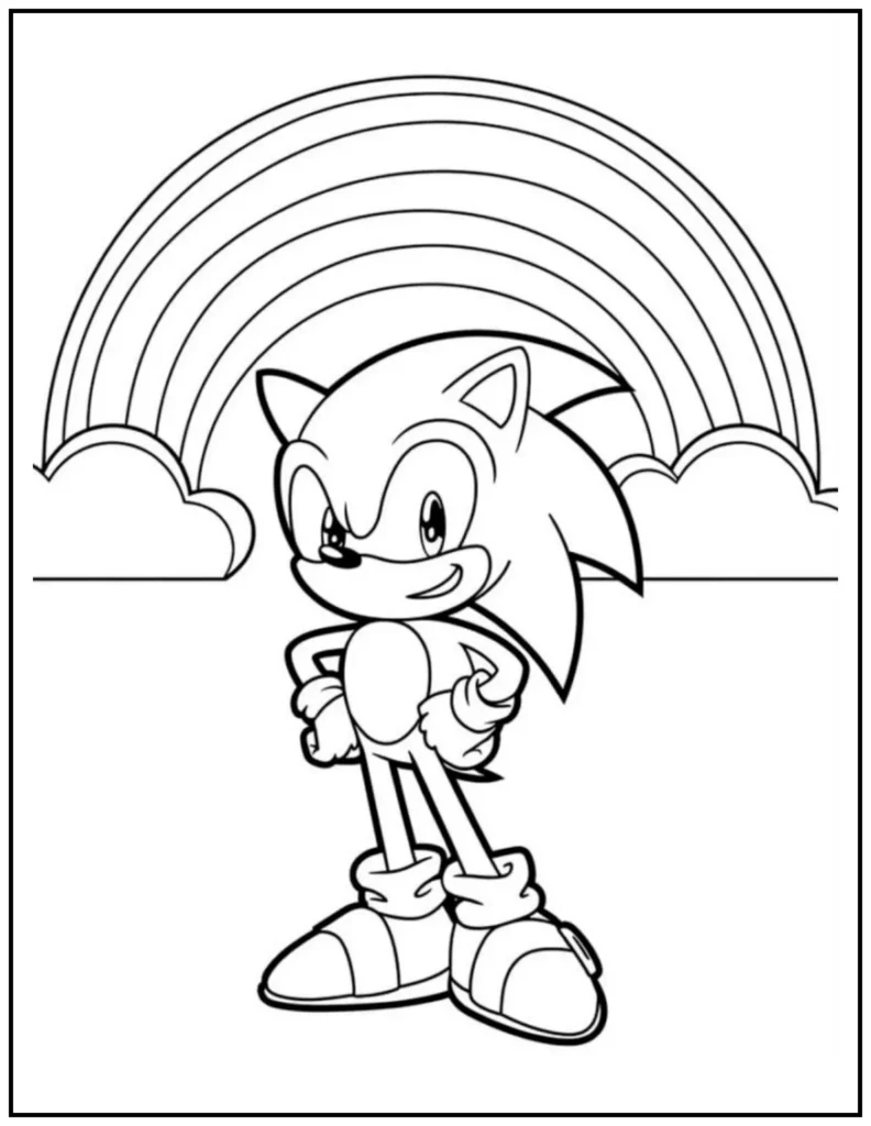Sonic poses proudly under a beautiful rainbow,
