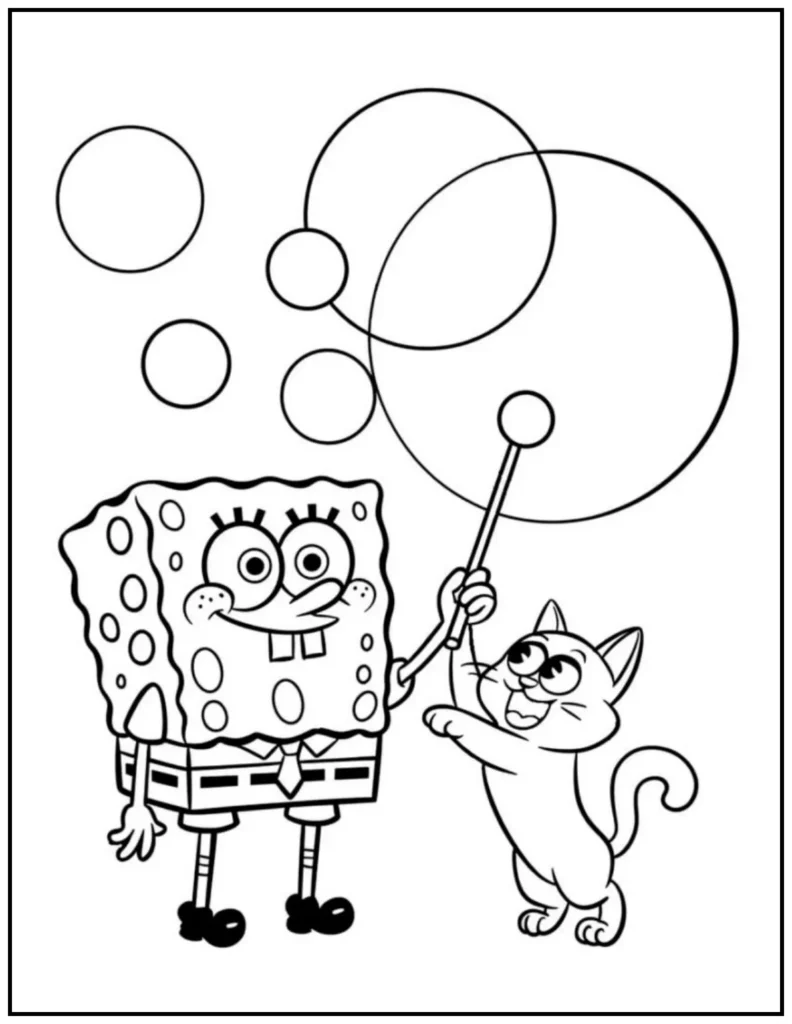 SpongeBob and his bubbly cat coloring page