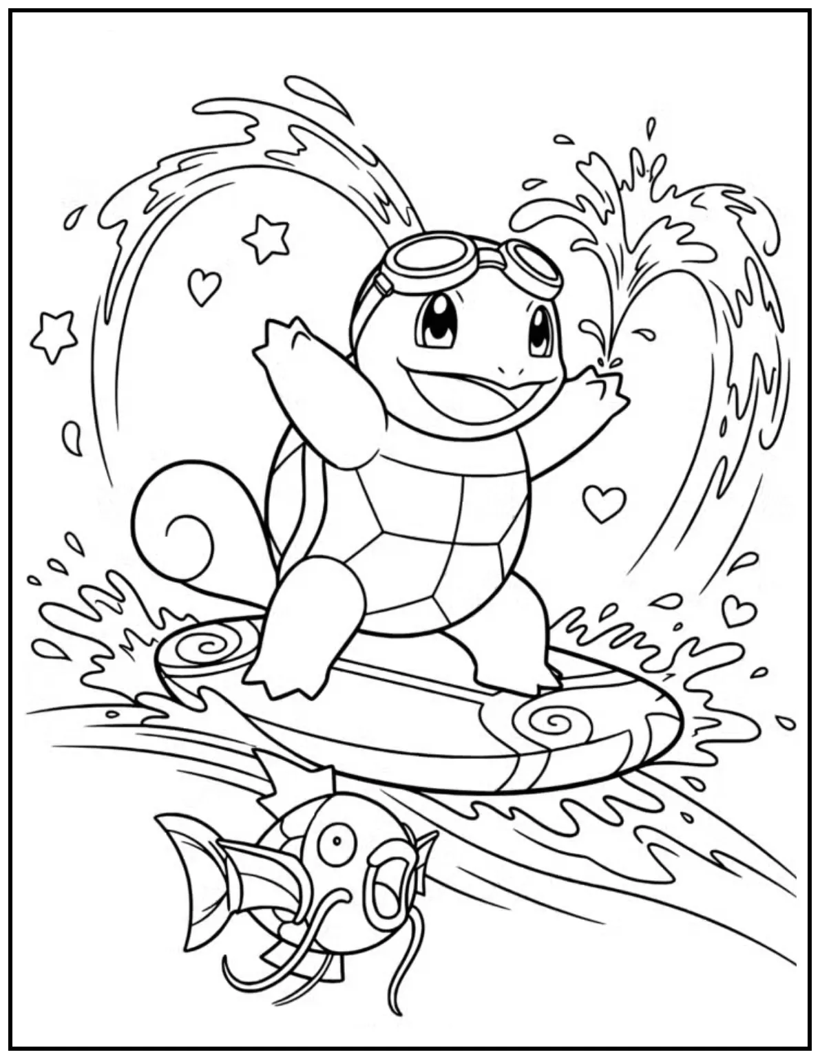Squirtle surfs across the ocean