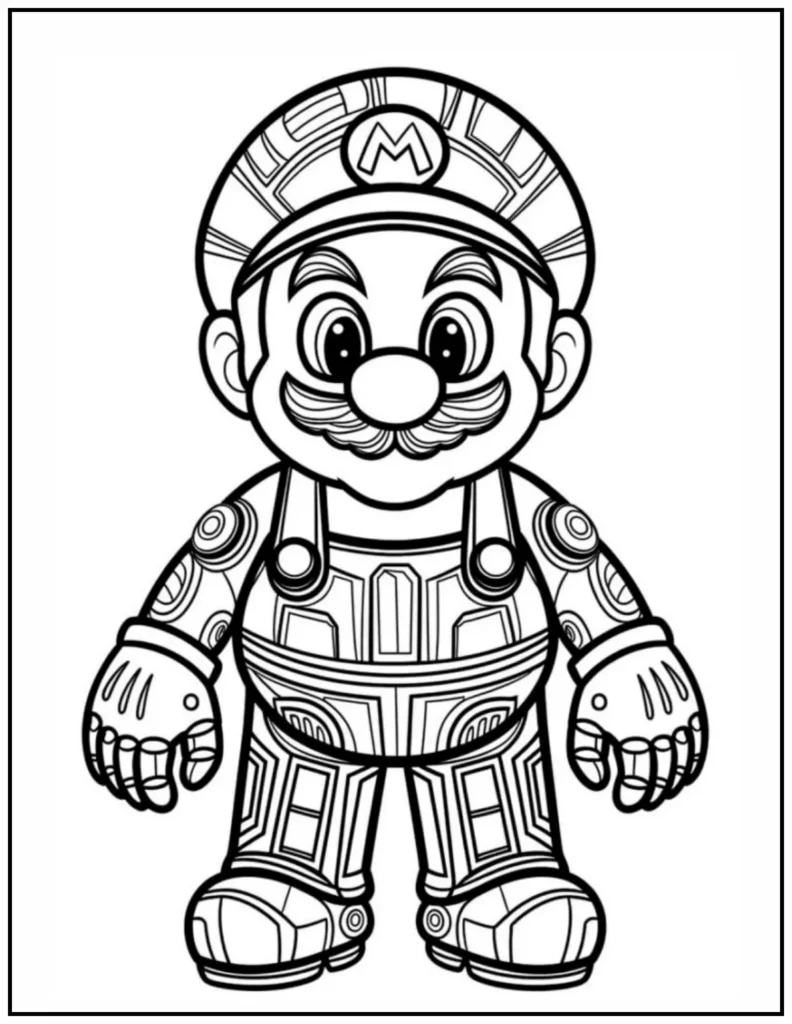 Super Mario coloring page shows Mario in intricate armor