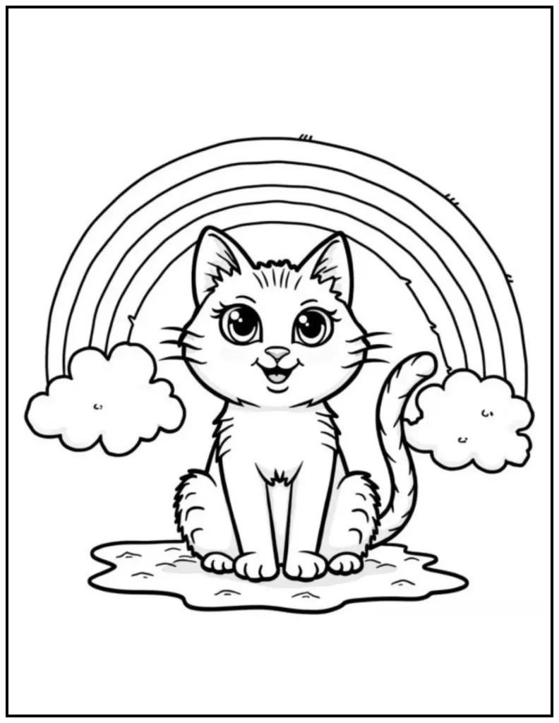 cat sits proudly-under a rainbow