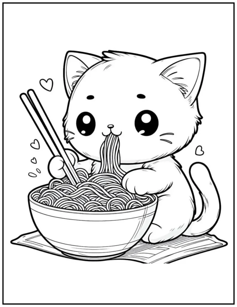 Hungry kitten loves noodles